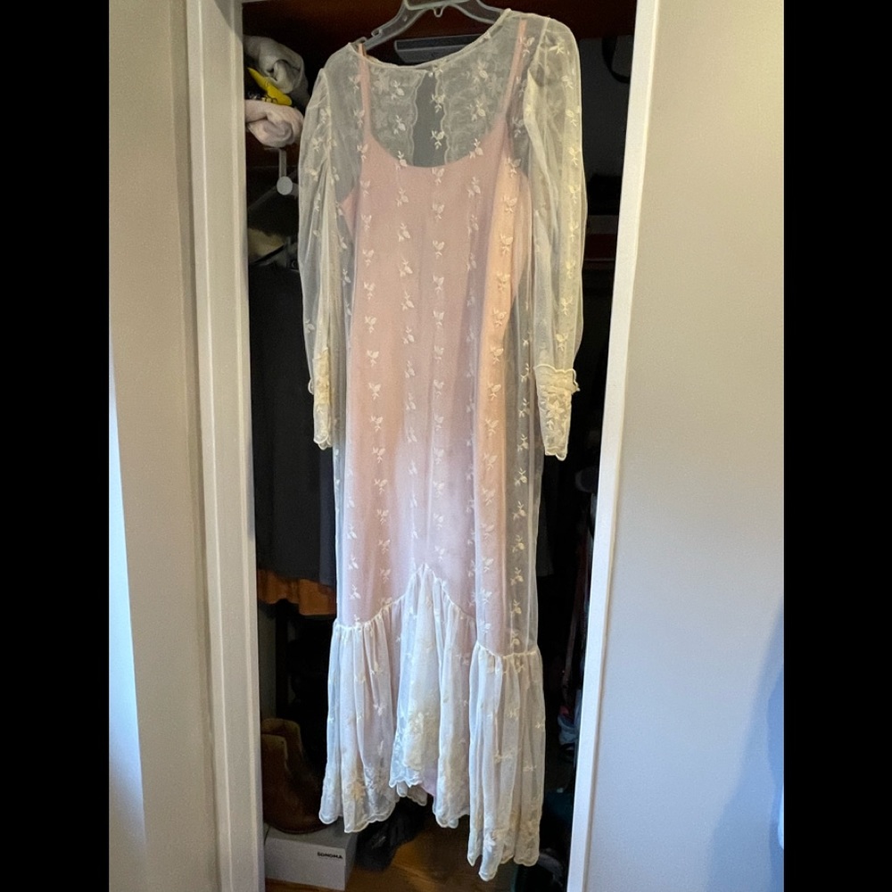 Vintage Handmade, T length, lace dress, peach slip lining with vintage boots